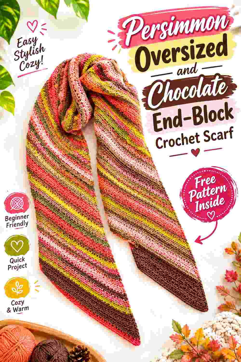 7. Persimmon Oversized And Chocolate End Block Crochet Scarf