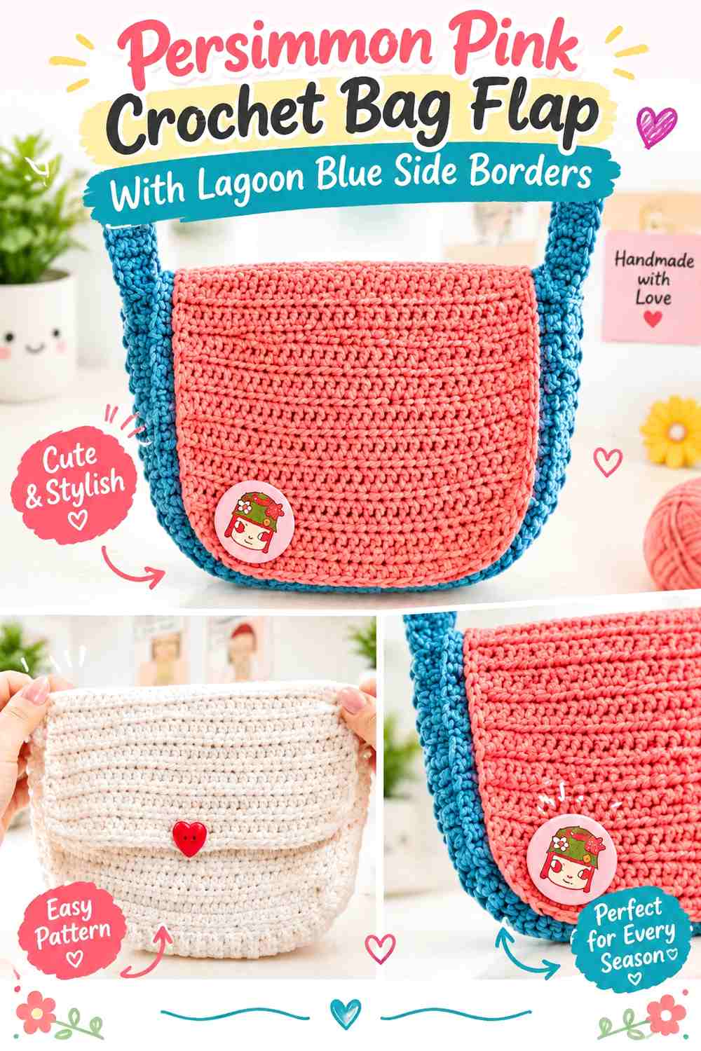 Persimmon Pink Crochet Bag Flap With Lagoon Blue Side Borders
