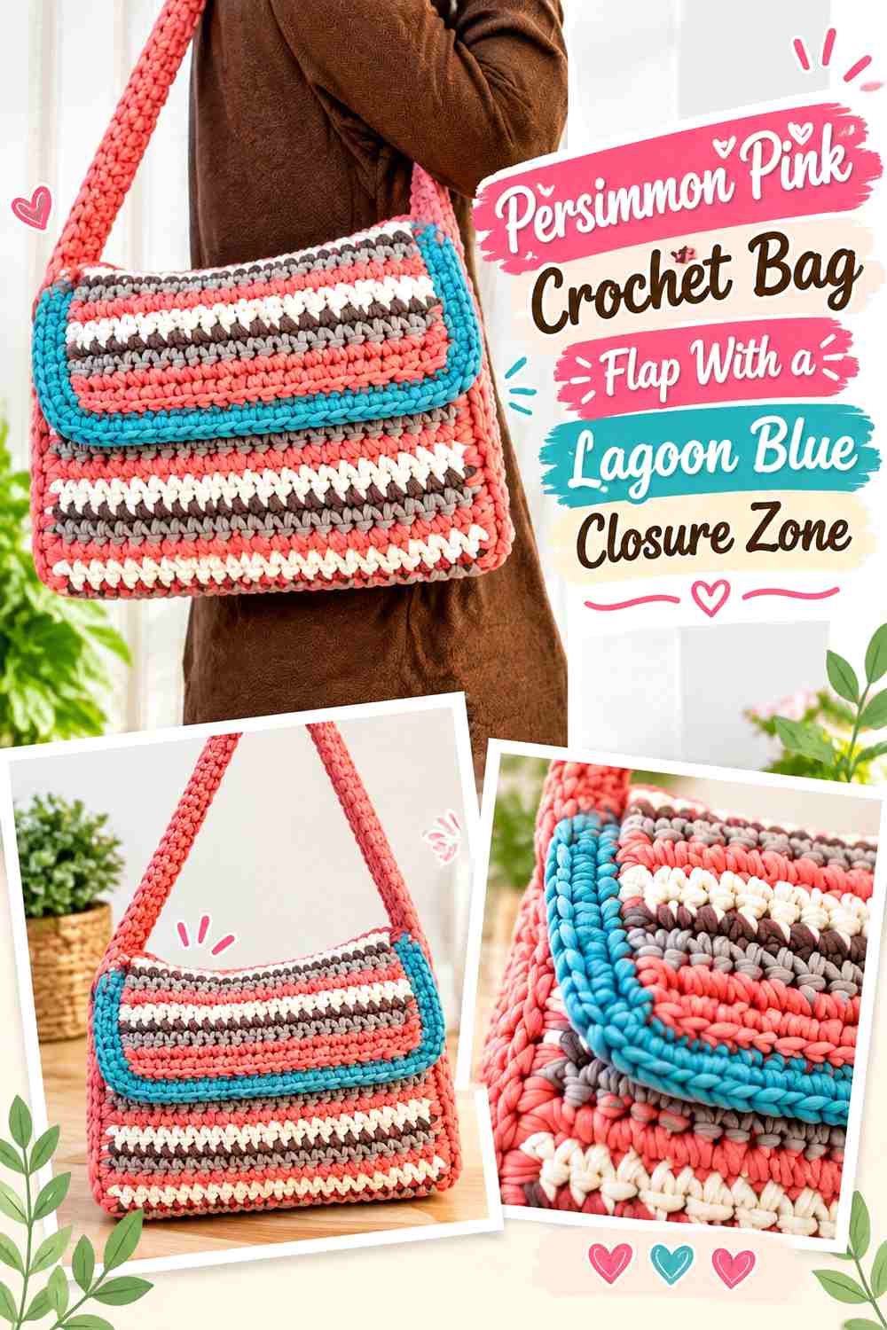 Persimmon Pink Crochet Bag Flap With a Lagoon Blue Closure Zone