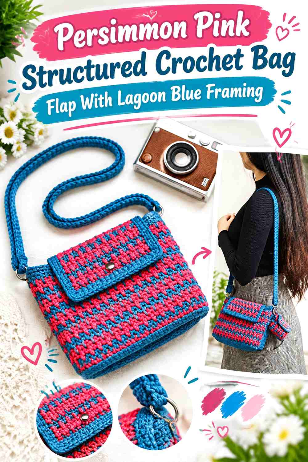 Persimmon Pink Structured Crochet Bag Flap With Lagoon Blue Framing