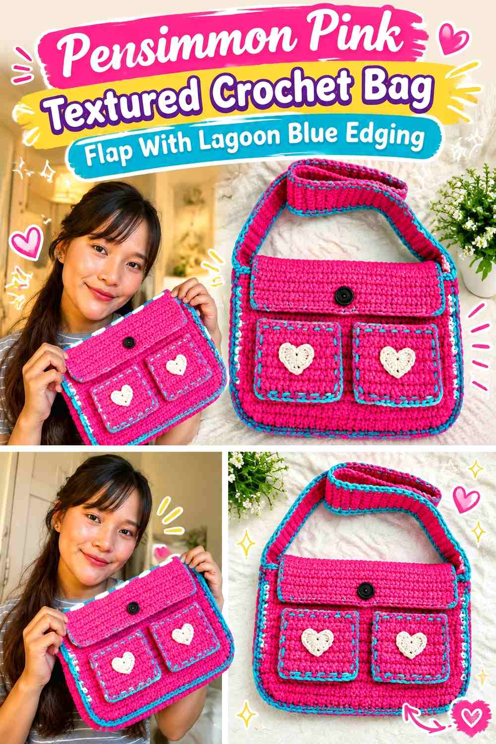 Persimmon Pink Textured Crochet Bag Flap With Lagoon Blue Edging