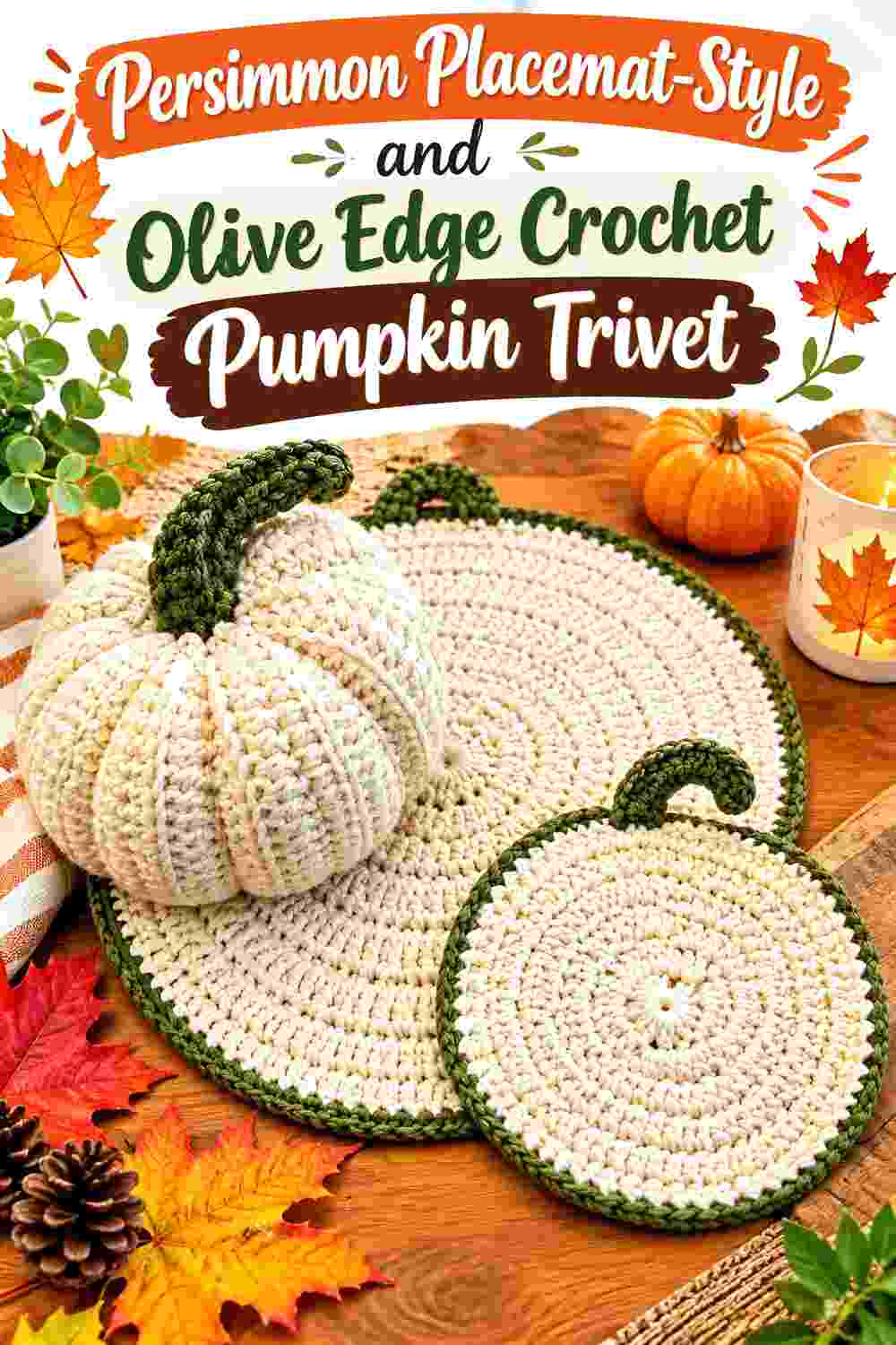 5. Persimmon Placemat Style And Olive Edge Crochet Pumpkin Trivet