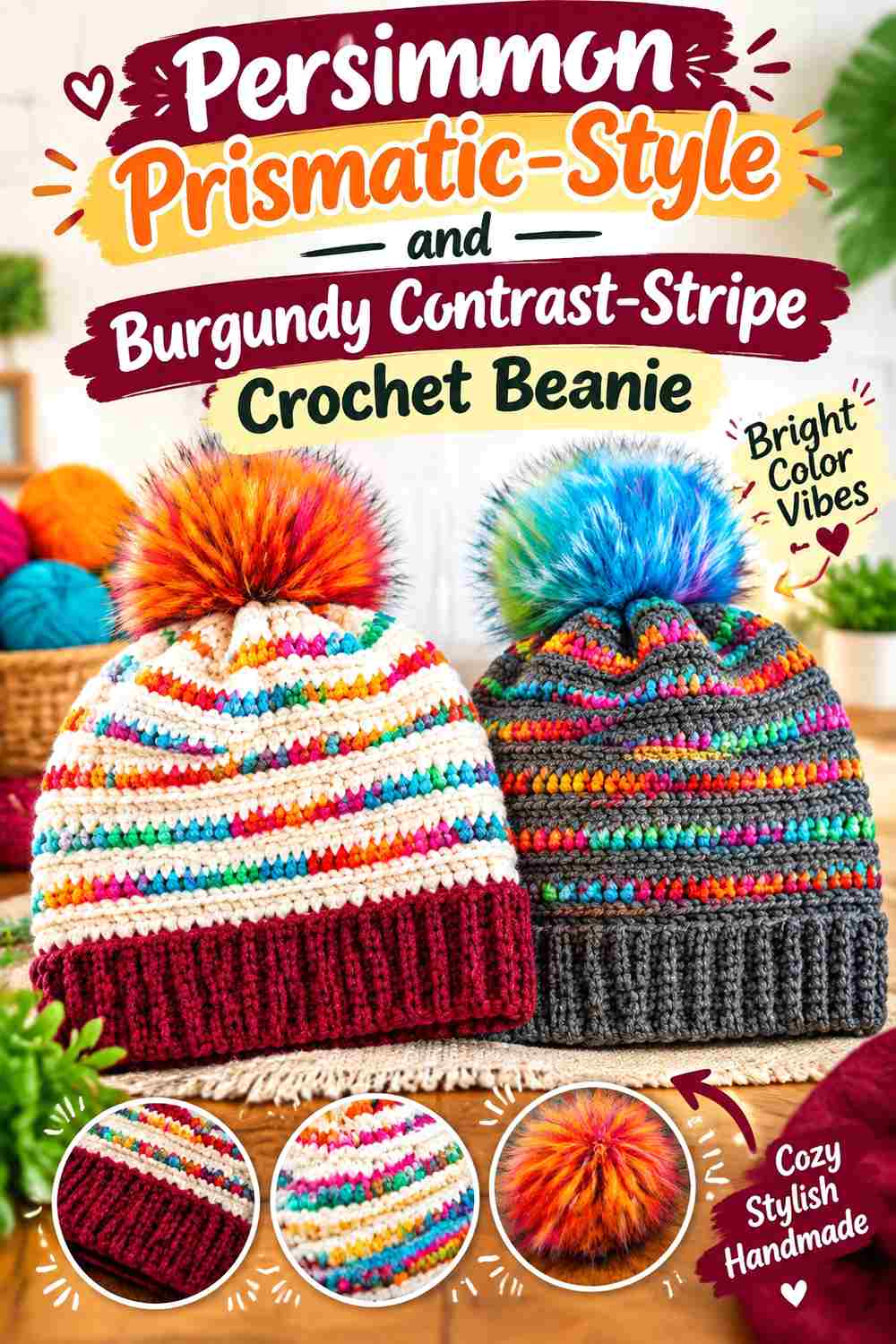 15. Persimmon Prismatic Style And Burgundy Contrast Stripe Crochet Beanie