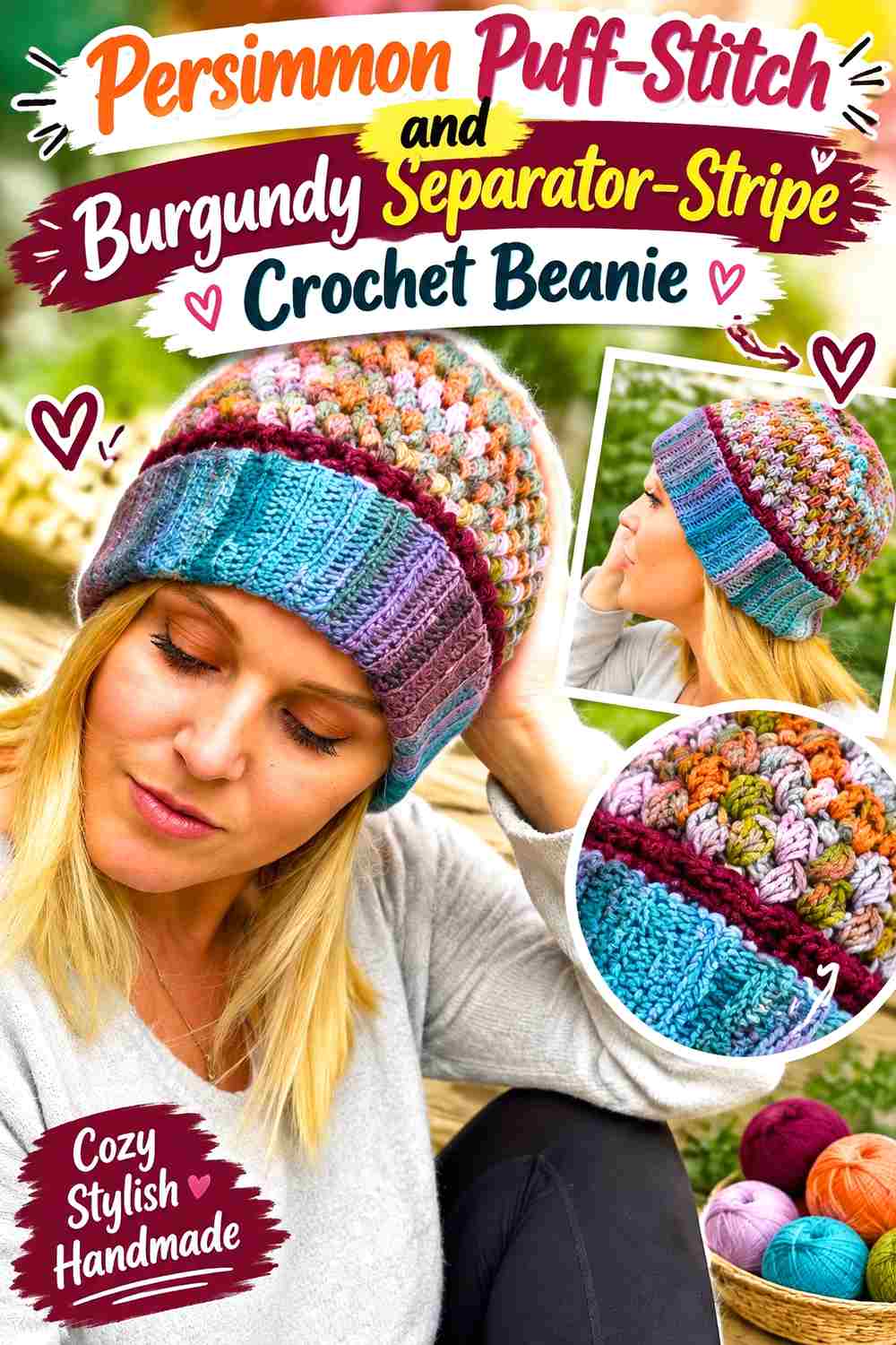 7. Persimmon Puff Stitch And Burgundy Separator Stripe Crochet Beanie