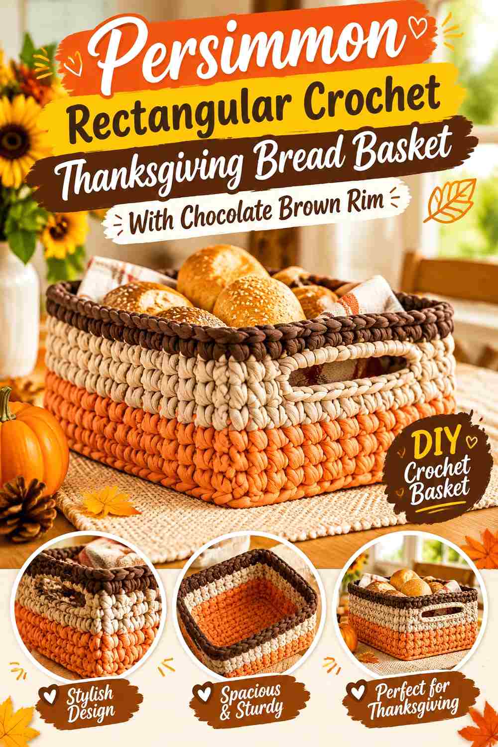 1. Persimmon Rectangular Crochet Thanksgiving Bread Basket With Chocolate Brown Rim