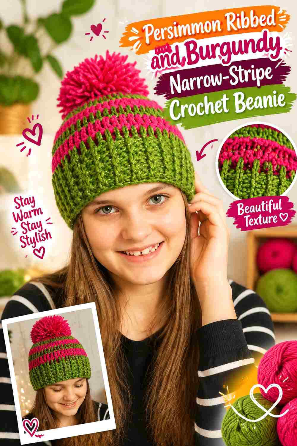 5. Persimmon Ribbed And Burgundy Narrow Stripe Crochet Beanie