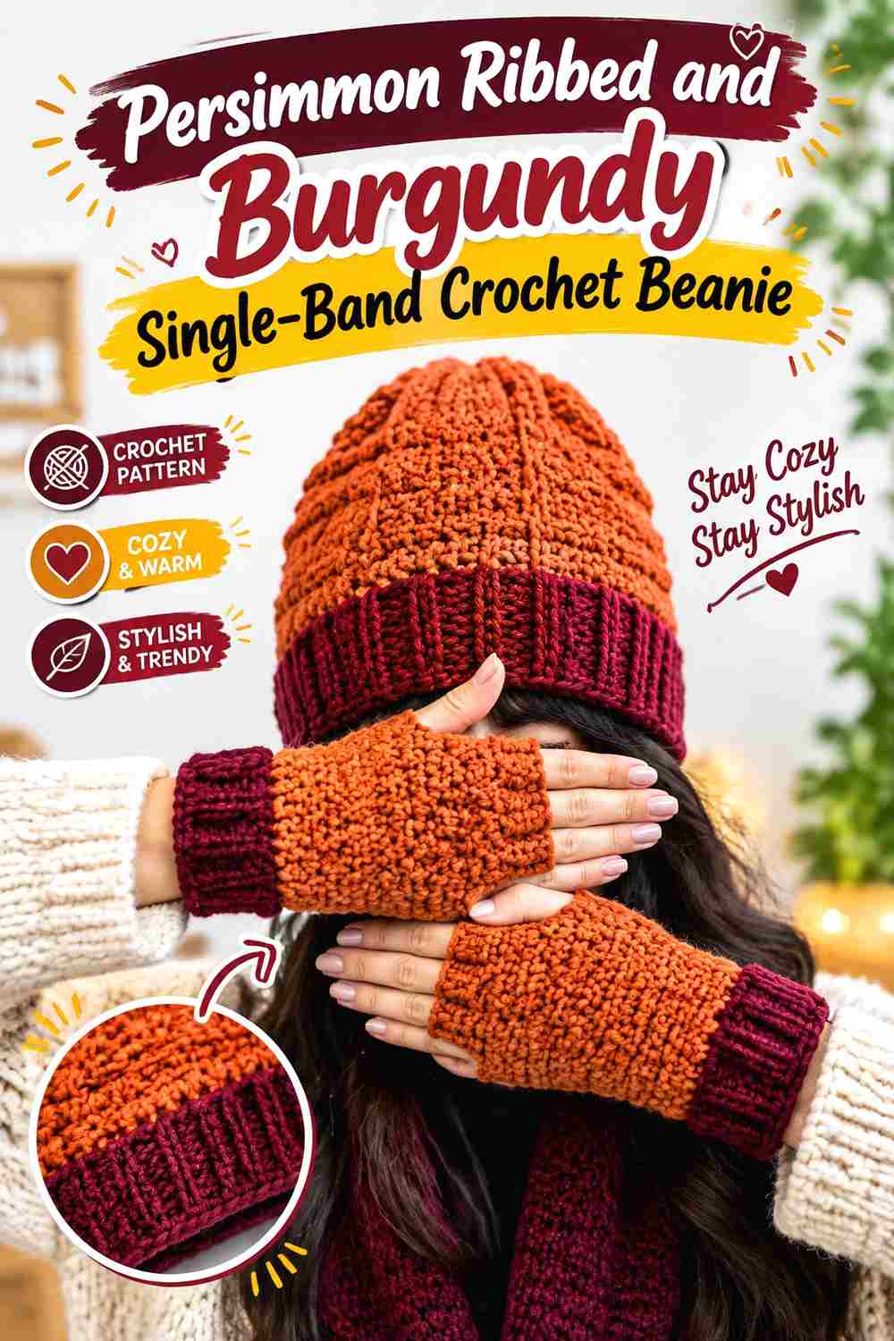 13. Persimmon Ribbed And Burgundy Single Band Crochet Beanie