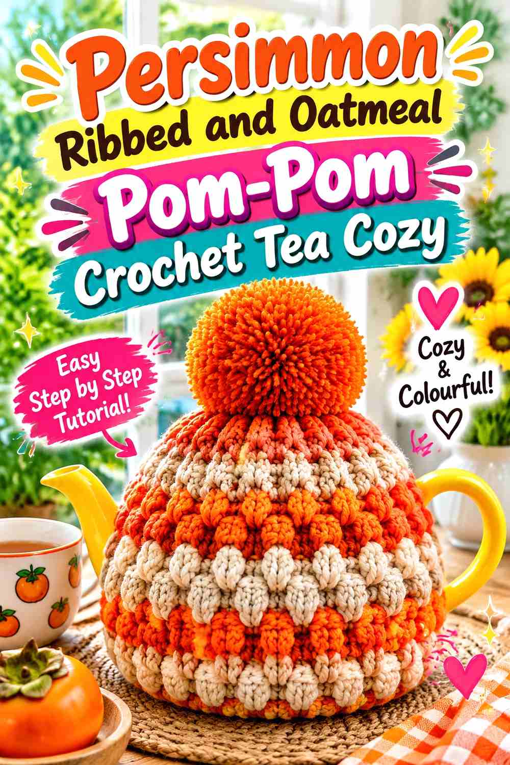 7. Persimmon Ribbed And Oatmeal Pom Pom Crochet Tea Cozy