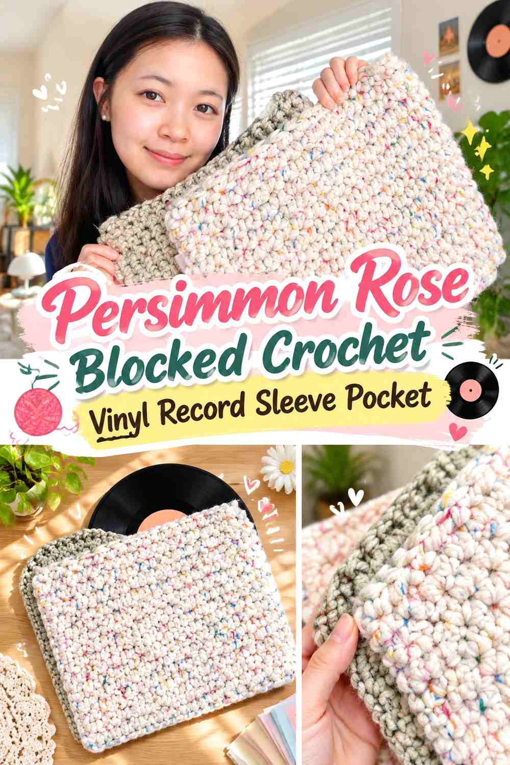 Persimmon Rose Blocked Crochet Vinyl Record Sleeve Pocket