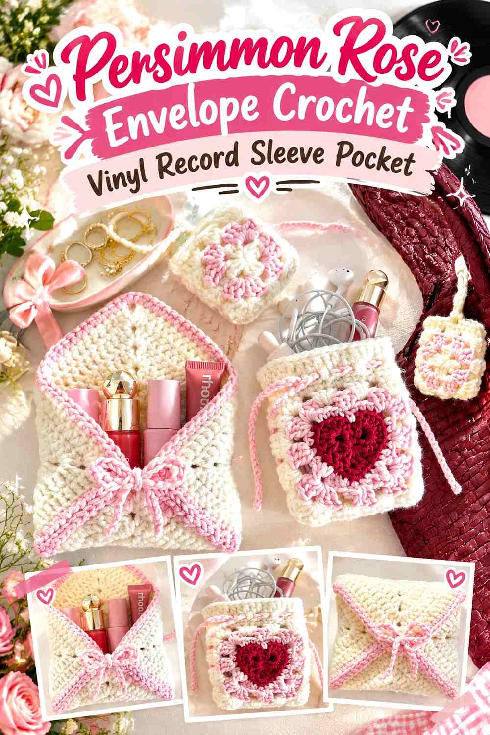 Persimmon Rose Envelope Crochet Vinyl Record Sleeve Pocket