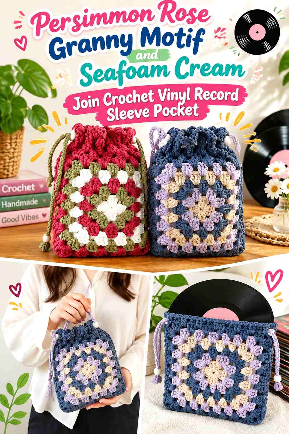 Persimmon Rose Granny Motif and Seafoam Cream Join Crochet Vinyl Record Sleeve Pocket
