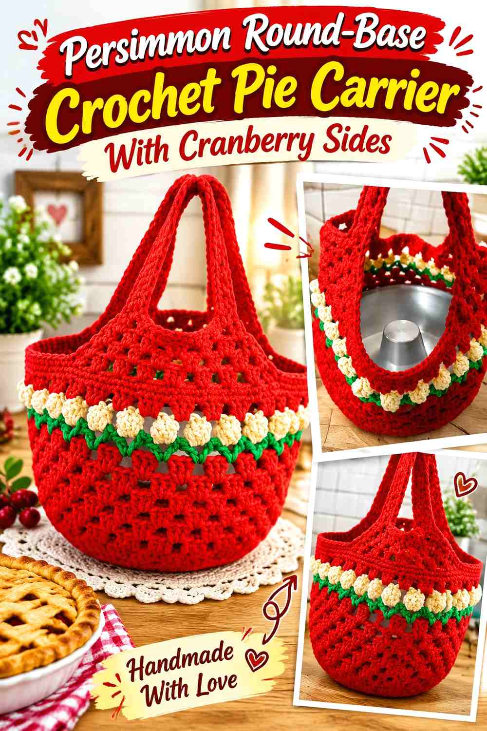 7. Persimmon Round Base Crochet Pie Carrier With Cranberry Sides