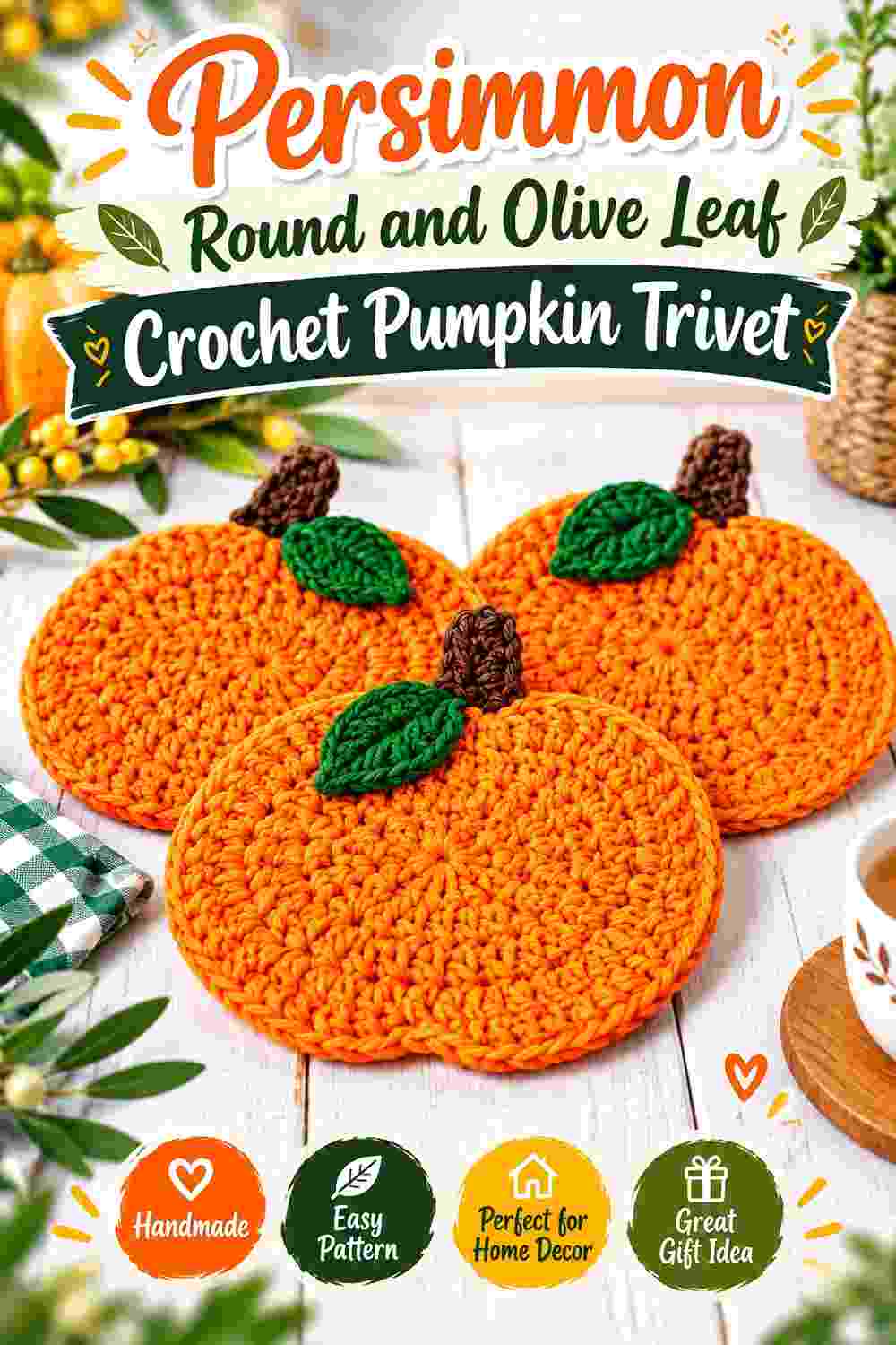 6. Persimmon Round And Olive Leaf Crochet Pumpkin Trivet