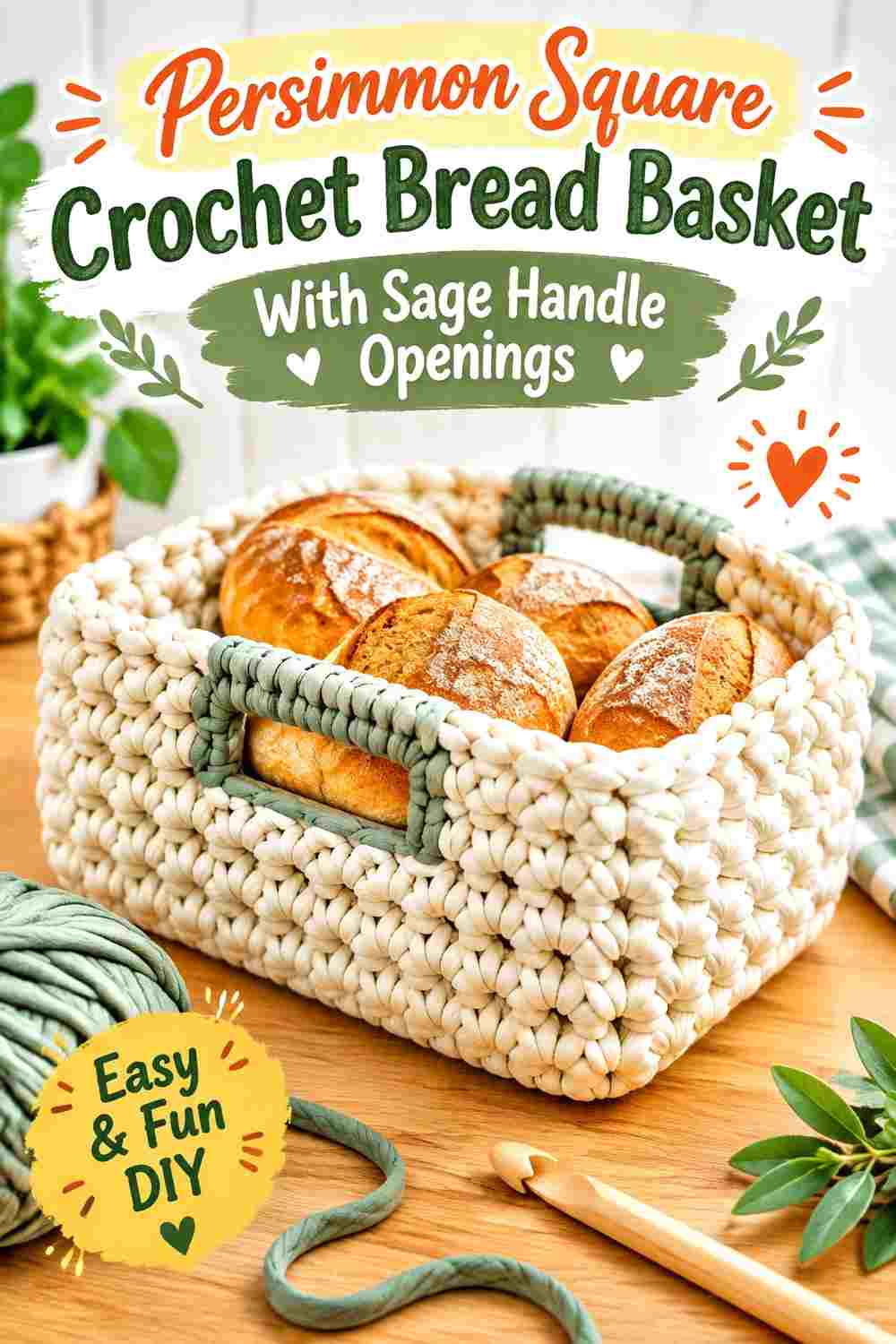 11. Persimmon Square Crochet Bread Basket With Sage Handle Openings