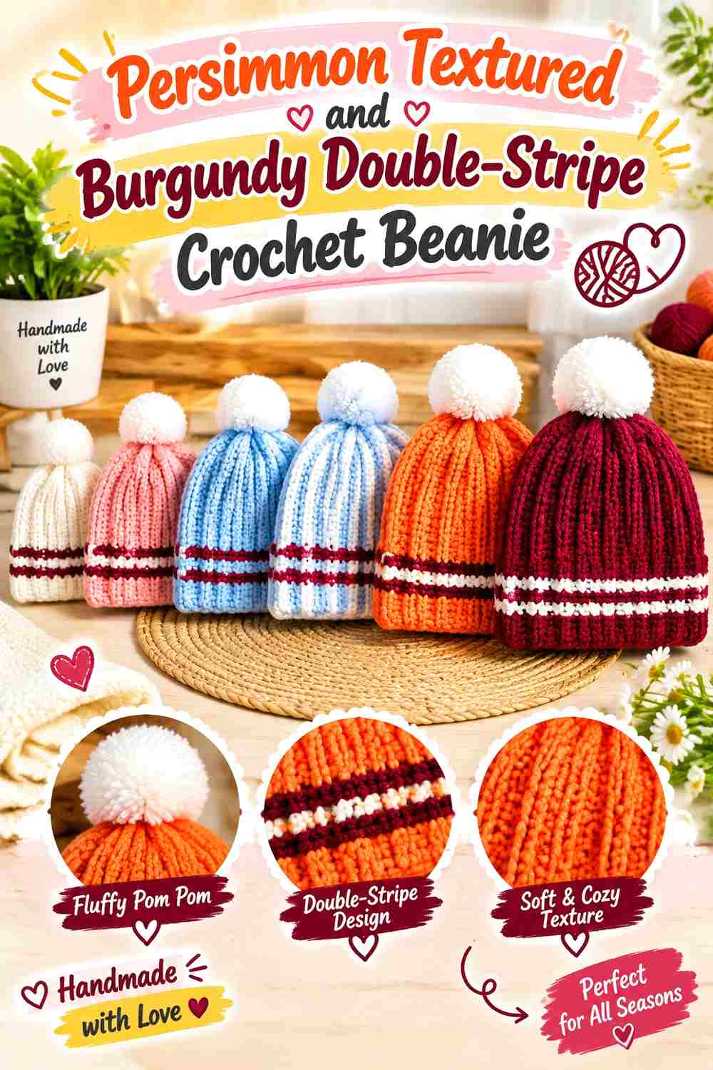 19. Persimmon Textured And Burgundy Double Stripe Crochet Beanie
