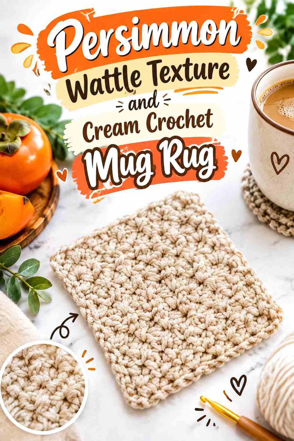 15. Persimmon Wattle Texture And Cream Crochet Mug Rug