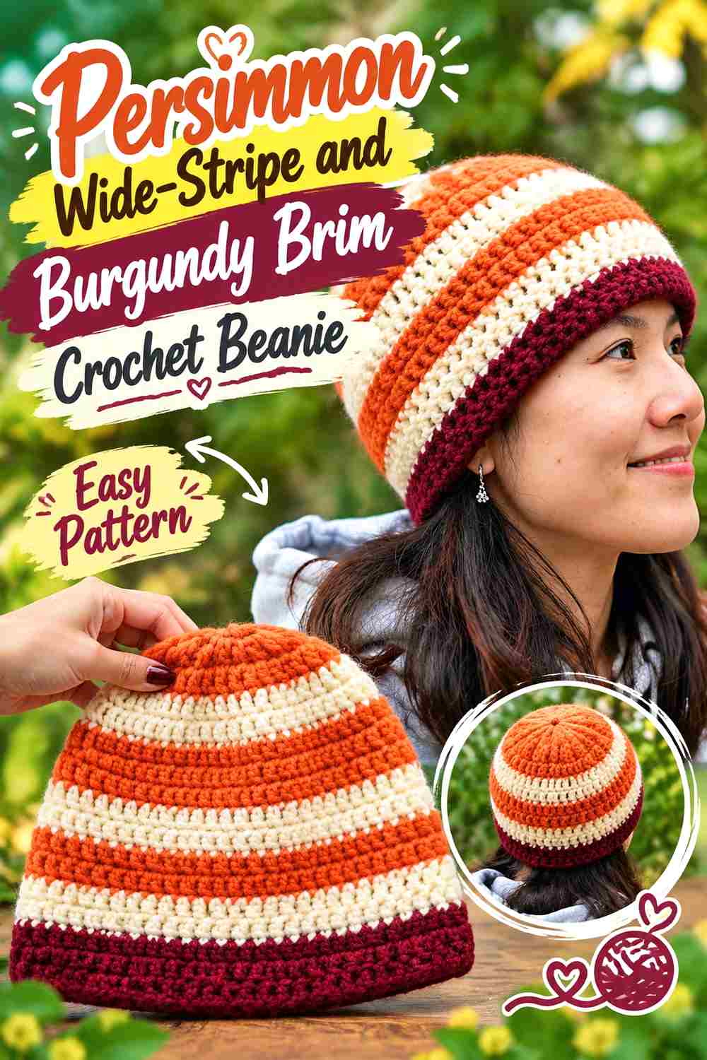 1. Persimmon Wide Stripe And Burgundy Brim Crochet Beanie