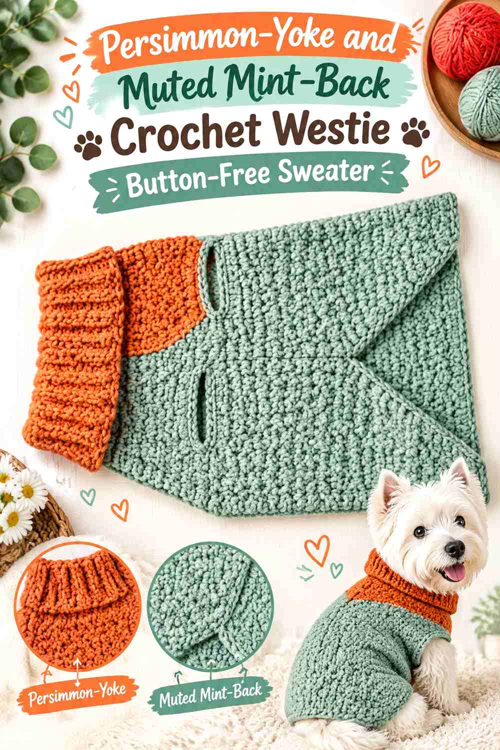 Persimmon-Yoke and Muted Mint-Back Crochet Westie Button-Free Sweater