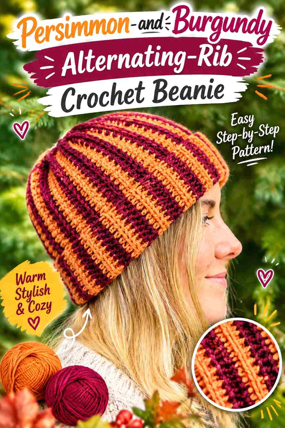 3. Persimmon And Burgundy Alternating Rib Crochet Beanie