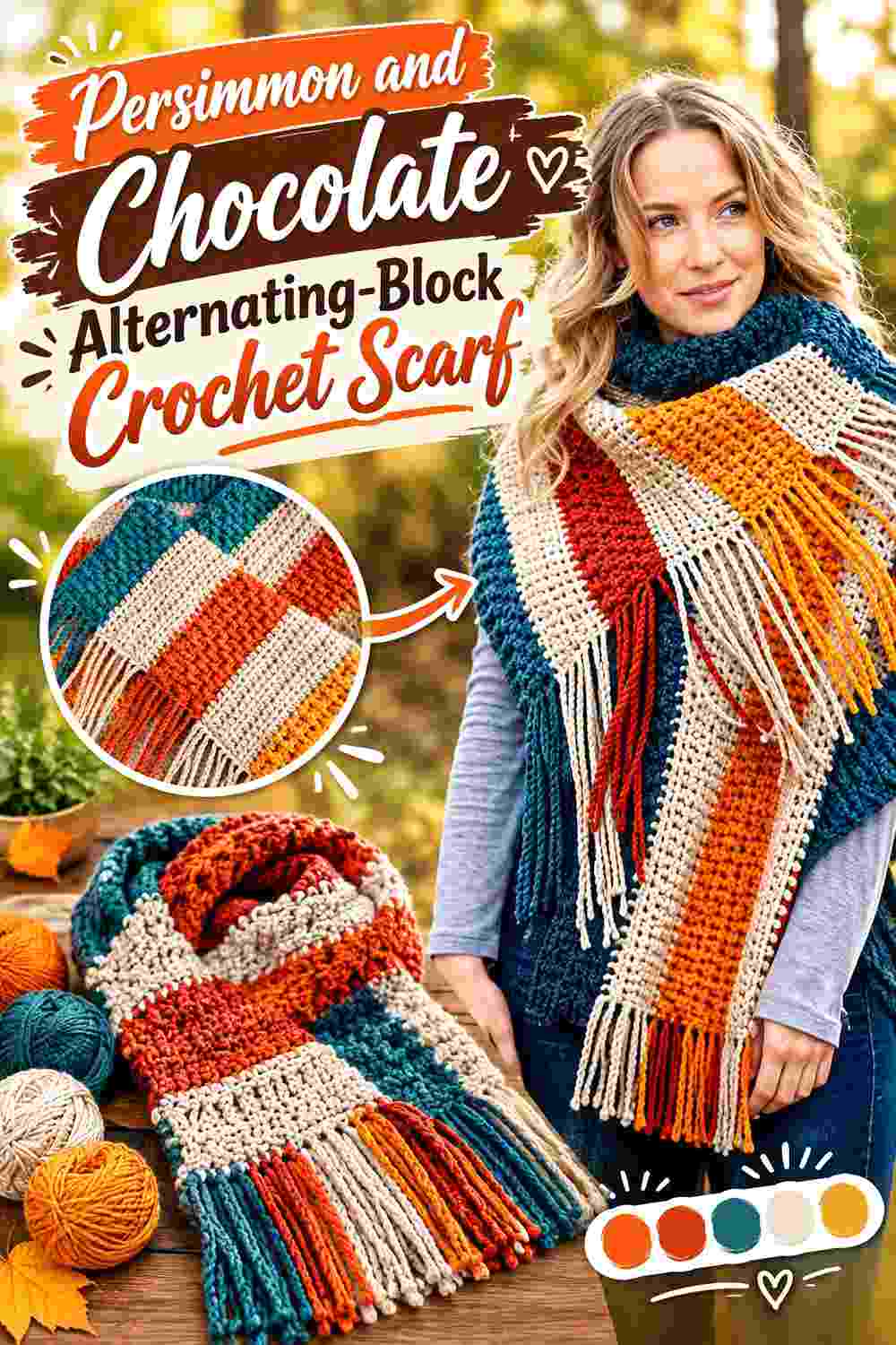 13. Persimmon And Chocolate Alternating Block Crochet Scarf