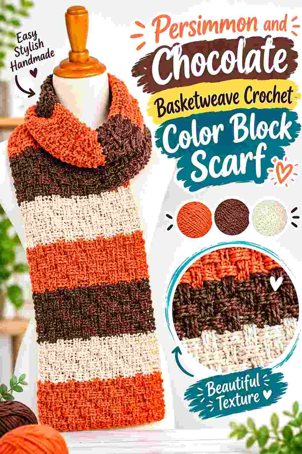 6. Persimmon And Chocolate Basketweave Crochet Color Block Scarf