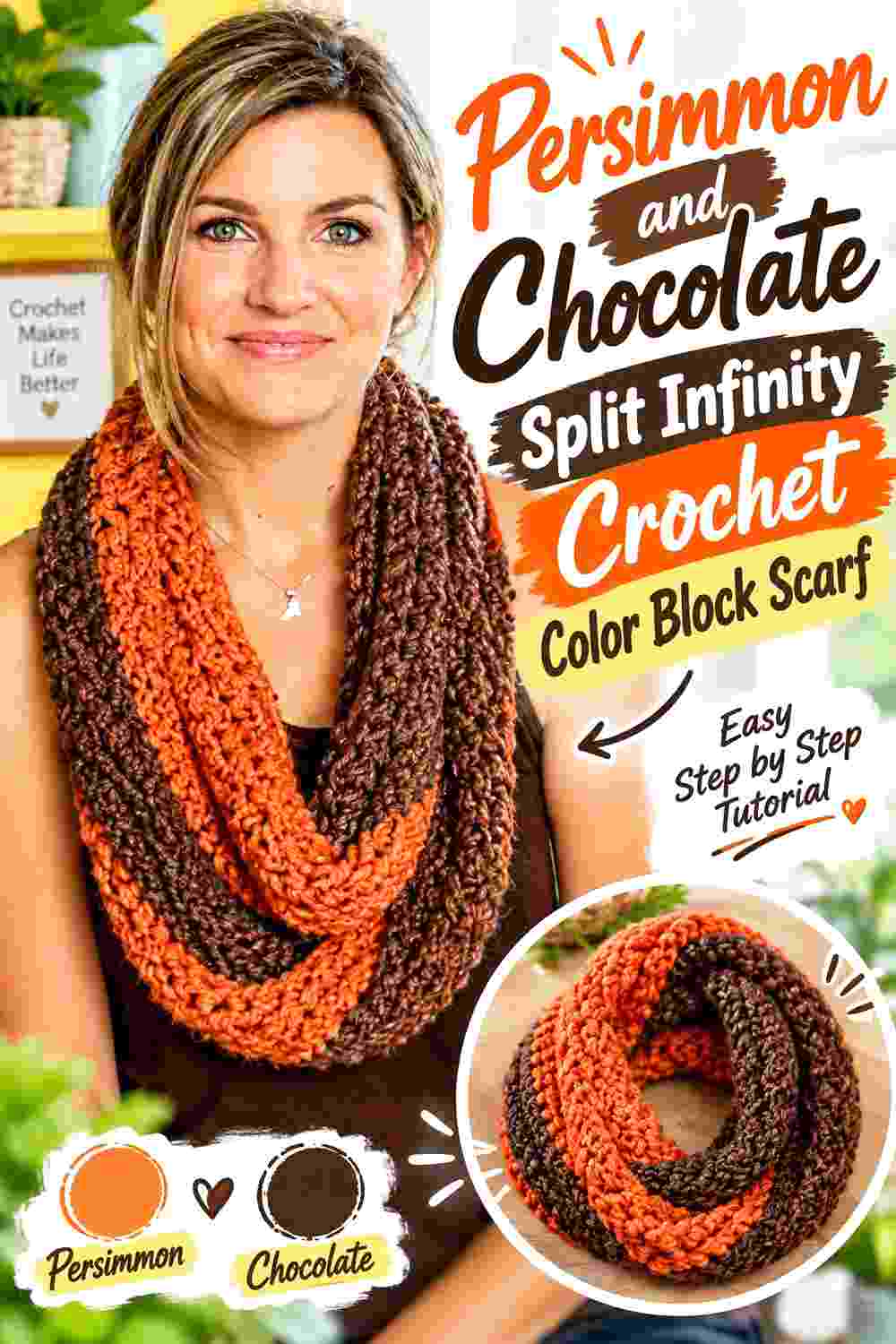 8. Persimmon And Chocolate Split Infinity Crochet Color Block Scarf