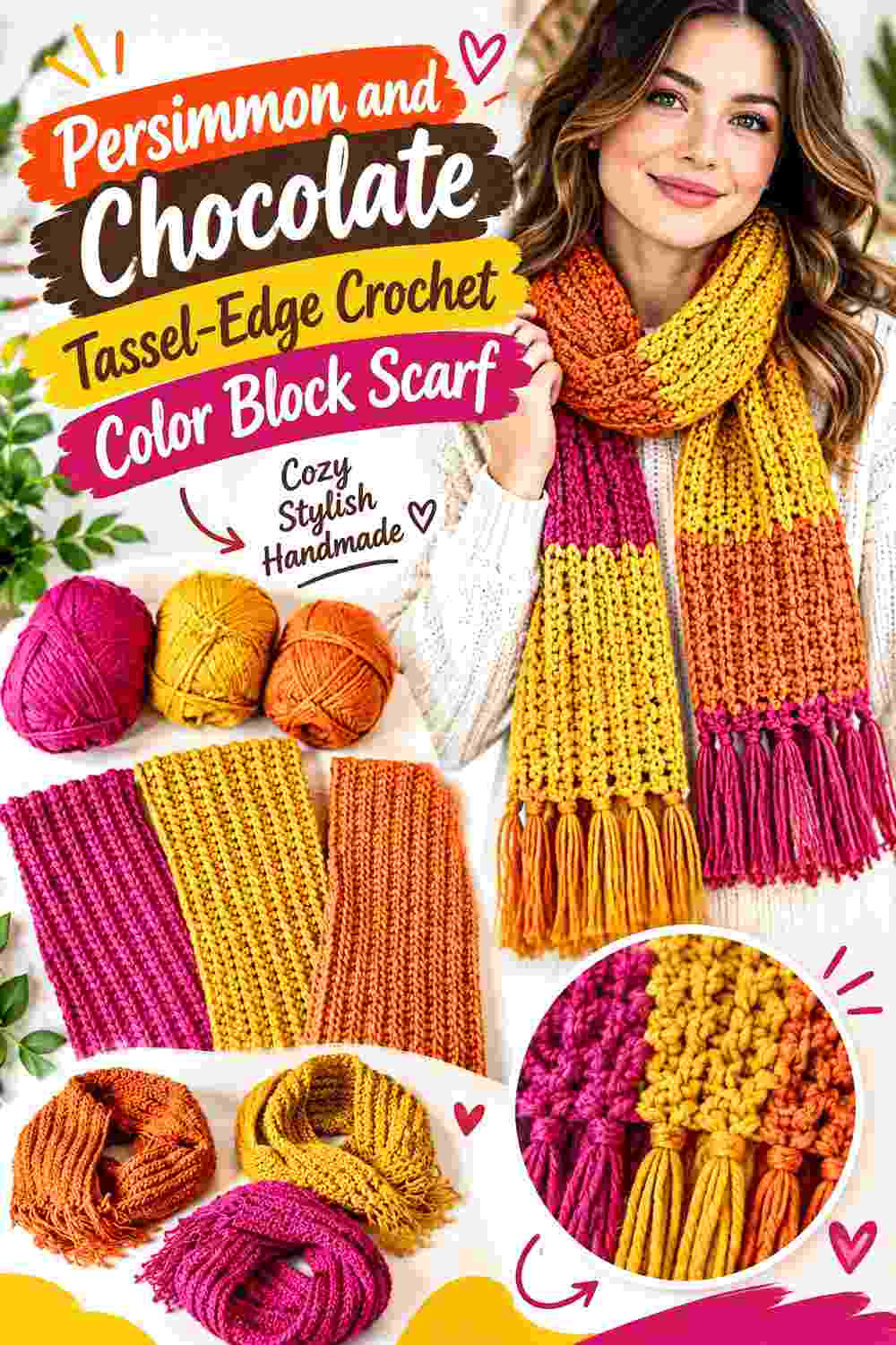 11. Persimmon And Chocolate Tassel Edge Crochet Color Block Scarf