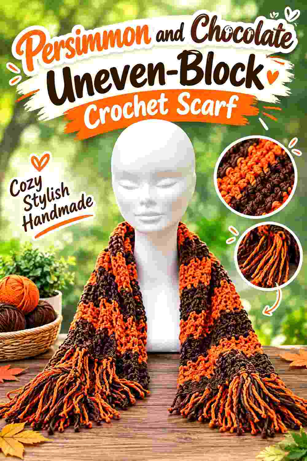 15. Persimmon And Chocolate Uneven Block Crochet Scarf