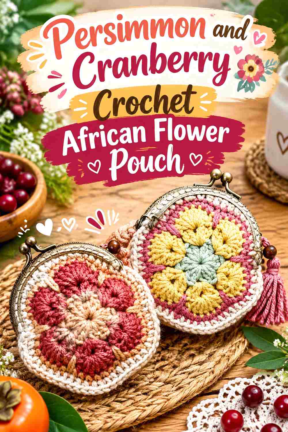 13. Persimmon And Cranberry Crochet African Flower Pouch