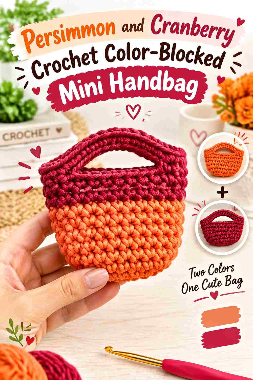 15. Persimmon And Cranberry Crochet Color Blocked Mini Handbag