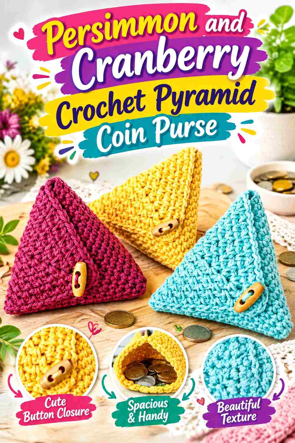5. Persimmon And Cranberry Crochet Pyramid Coin Purse