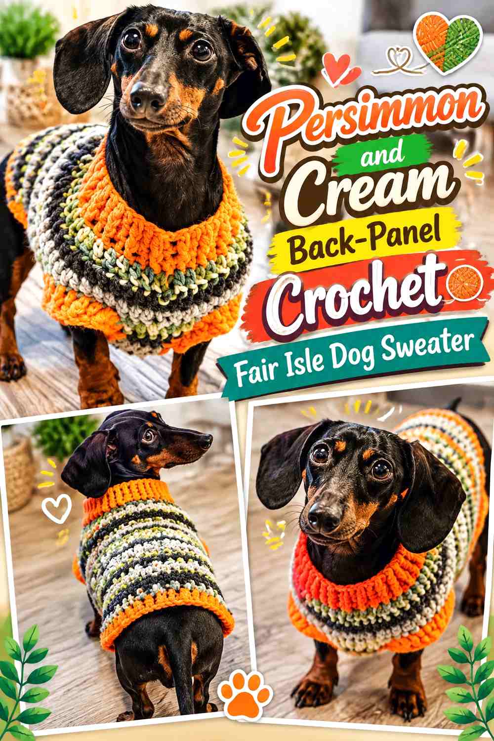 Persimmon and Cream Back-Panel Crochet Fair Isle Dog Sweater