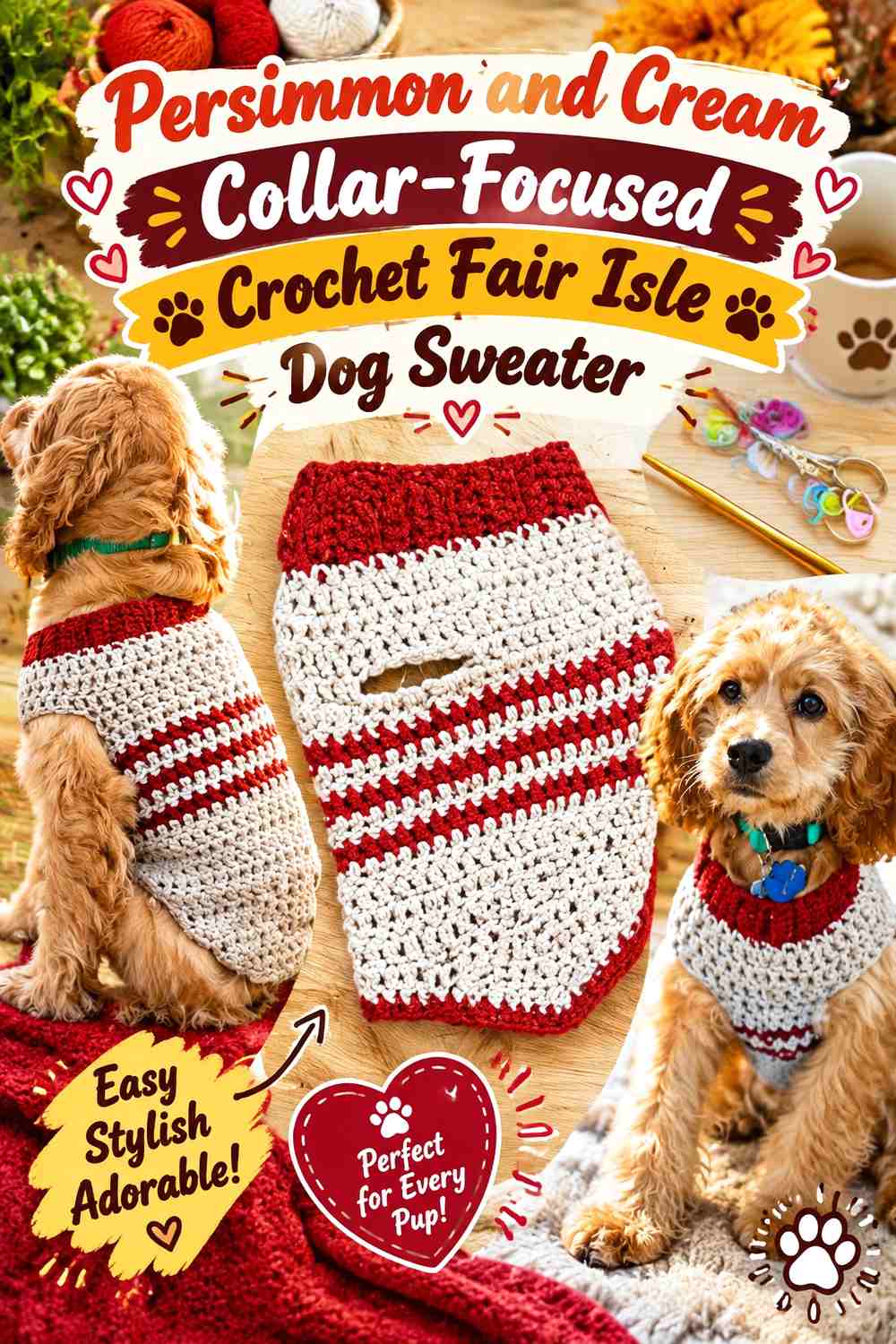 Persimmon and Cream Collar-Focused Crochet Fair Isle Dog Sweater