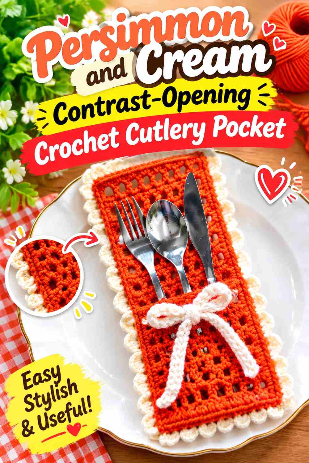 1. Persimmon And Cream Contrast Opening Crochet Cutlery Pocket