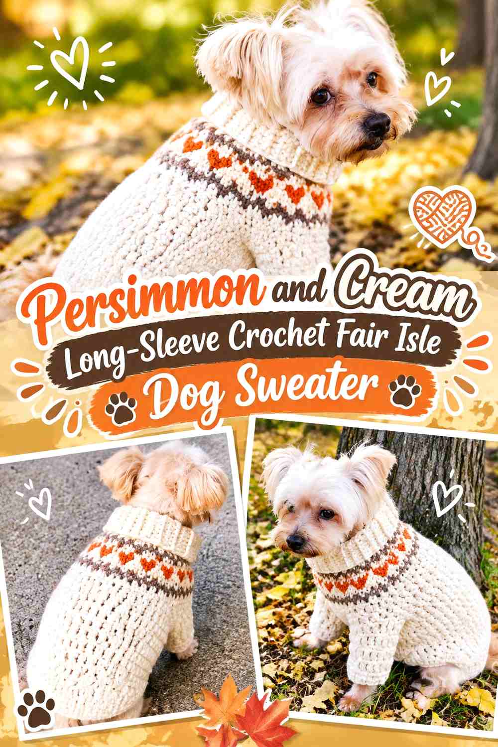 Persimmon and Cream Long-Sleeve Crochet Fair Isle Dog Sweater