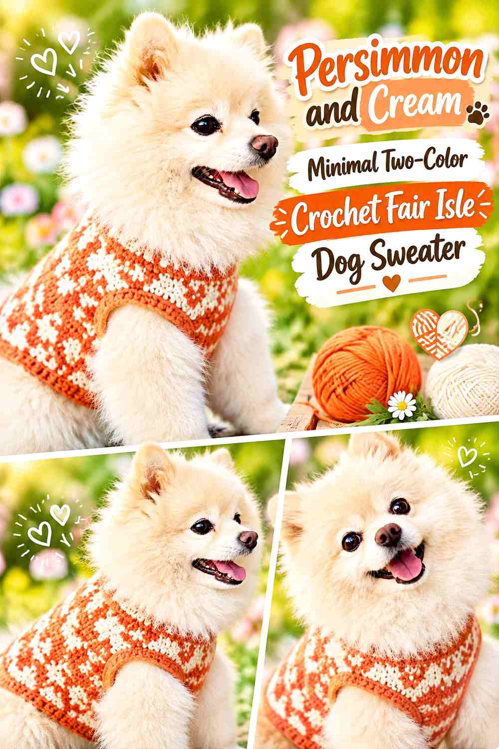 Persimmon and Cream Minimal Two-Color Crochet Fair Isle Dog Sweater