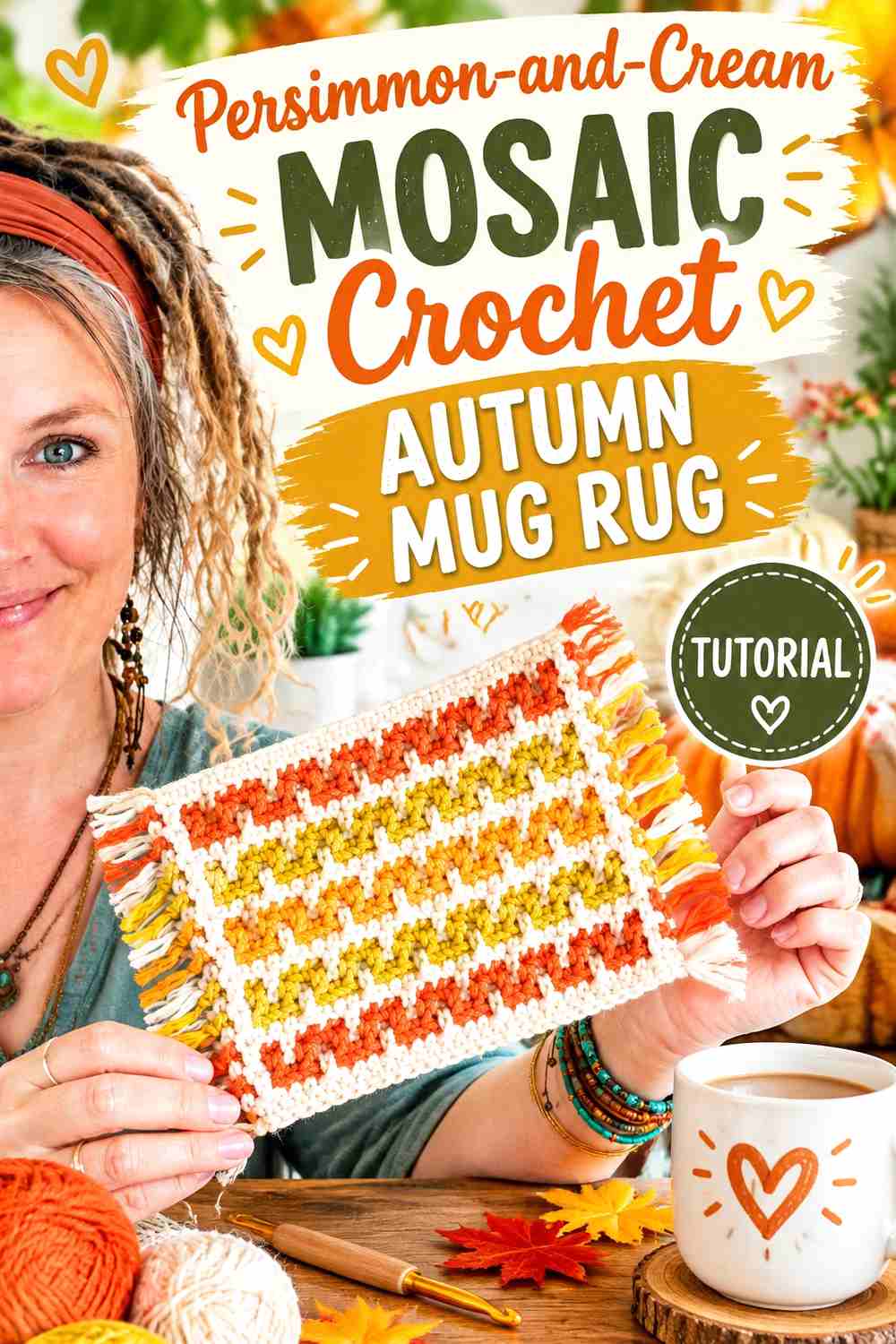 13. Persimmon And Cream Mosaic Crochet Autumn Mug Rug