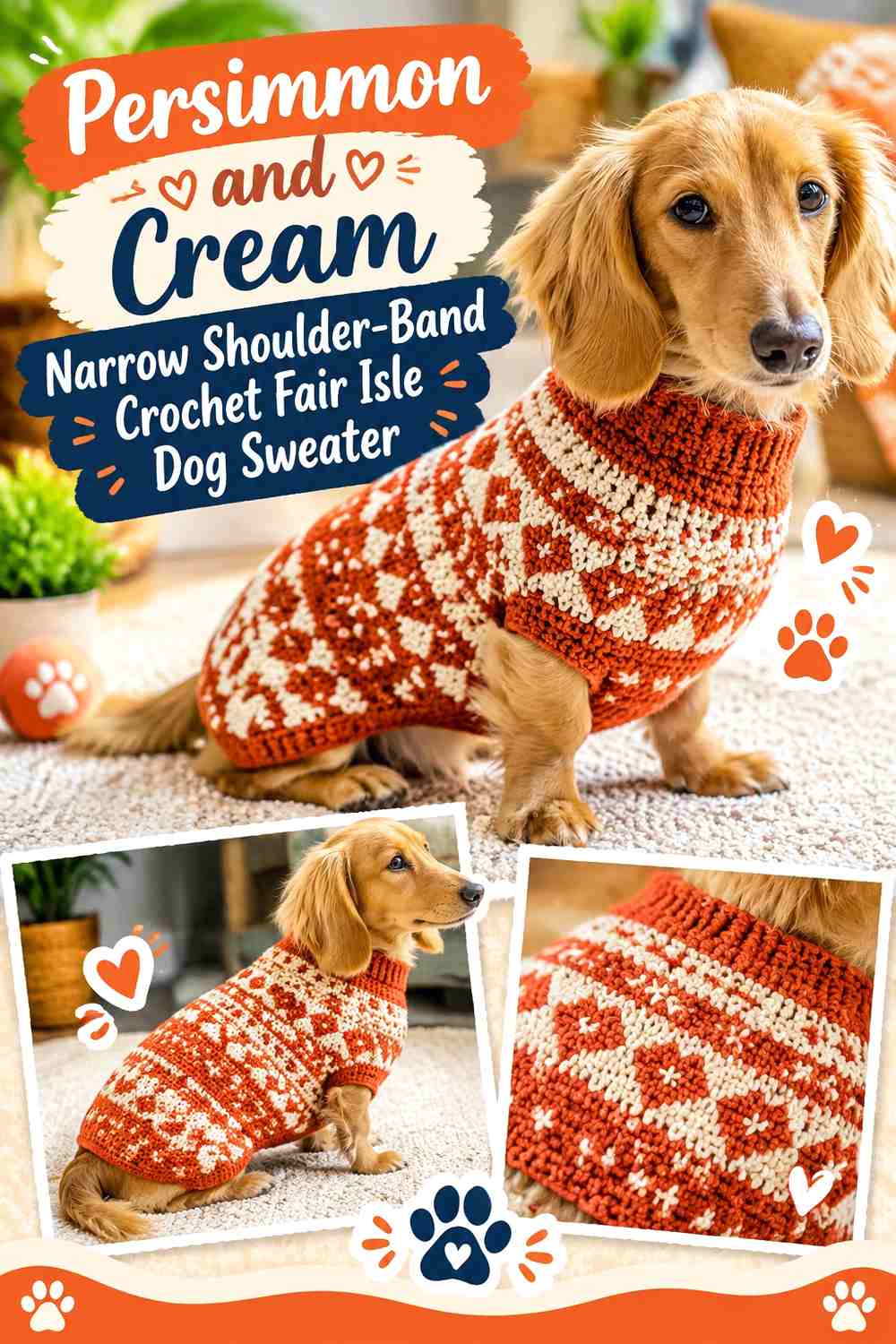 Persimmon and Cream Narrow Shoulder-Band Crochet Fair Isle Dog Sweater