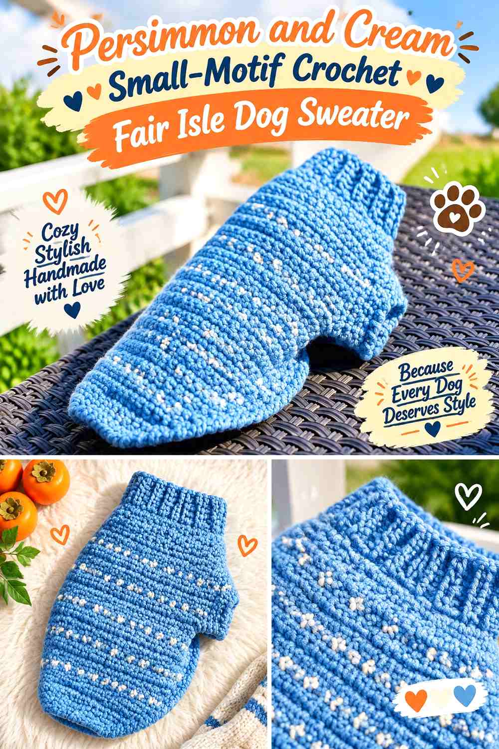 Persimmon and Cream Small-Motif Crochet Fair Isle Dog Sweater