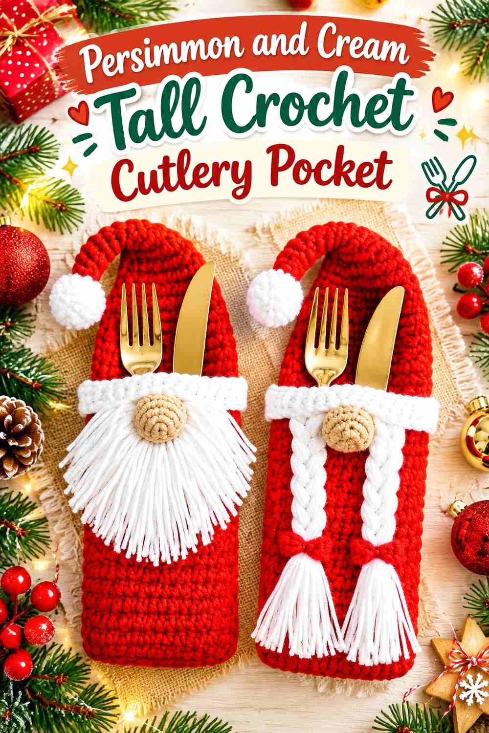 7. Persimmon And Cream Tall Crochet Cutlery Pocket