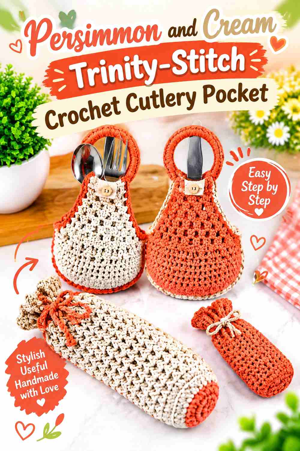 19. Persimmon And Cream Trinity Stitch Crochet Cutlery Pocket
