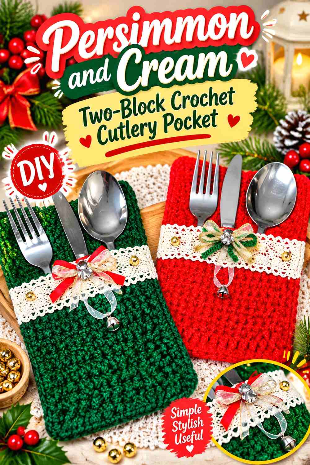 3. Persimmon And Cream Two Block Crochet Cutlery Pocket