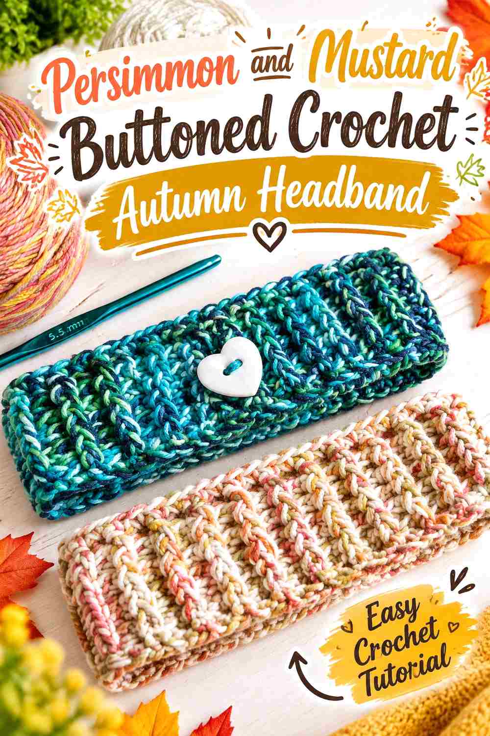11. Persimmon And Mustard Buttoned Crochet Autumn Headband