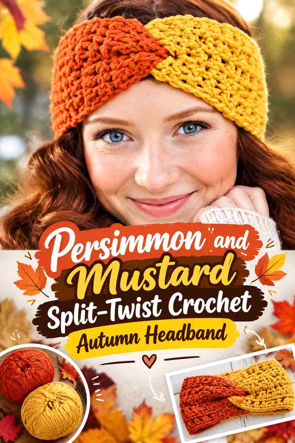 8. Persimmon And Mustard Split Twist Crochet Autumn Headband