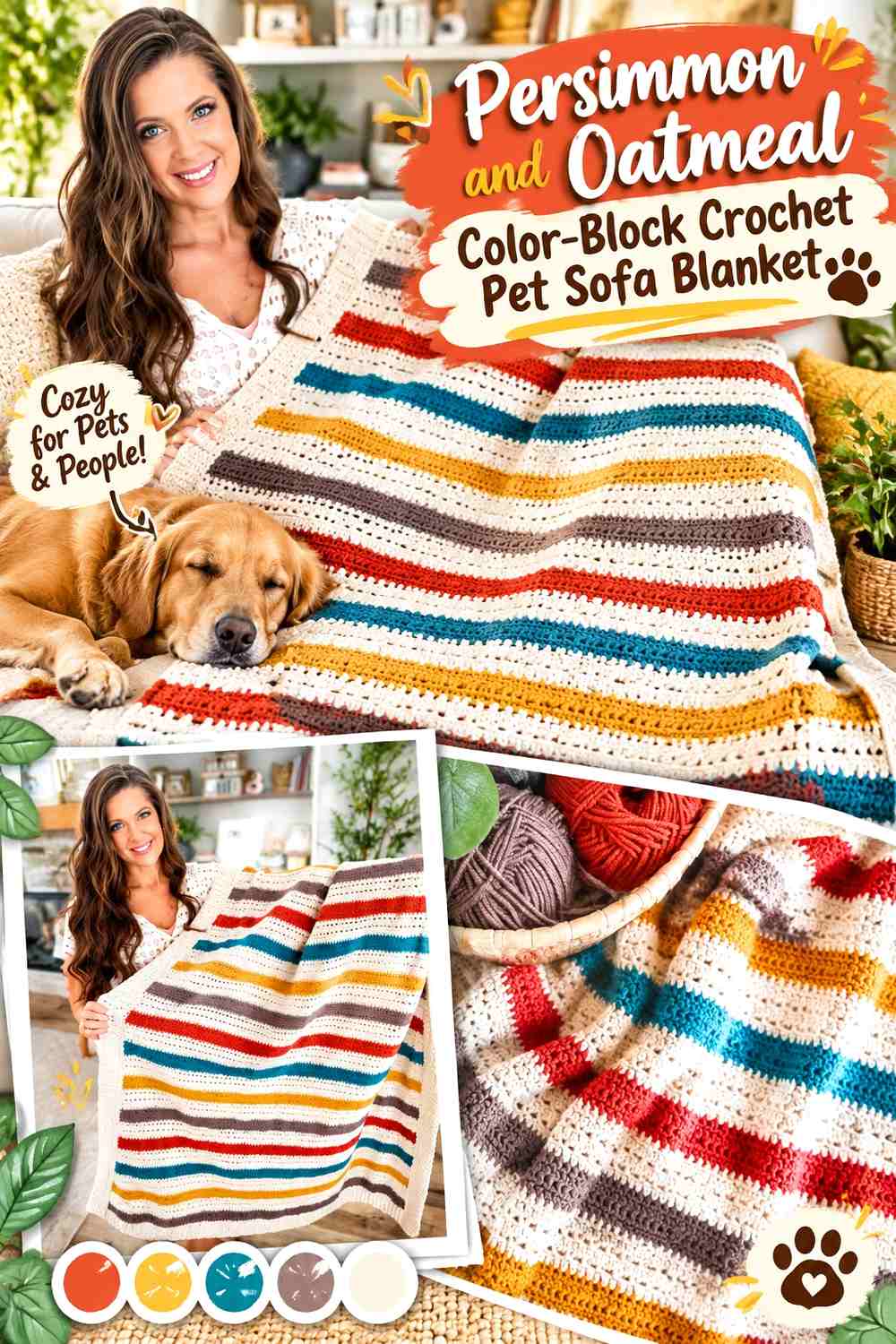 Persimmon and Oatmeal Color-Block Crochet Pet Sofa Blanket
