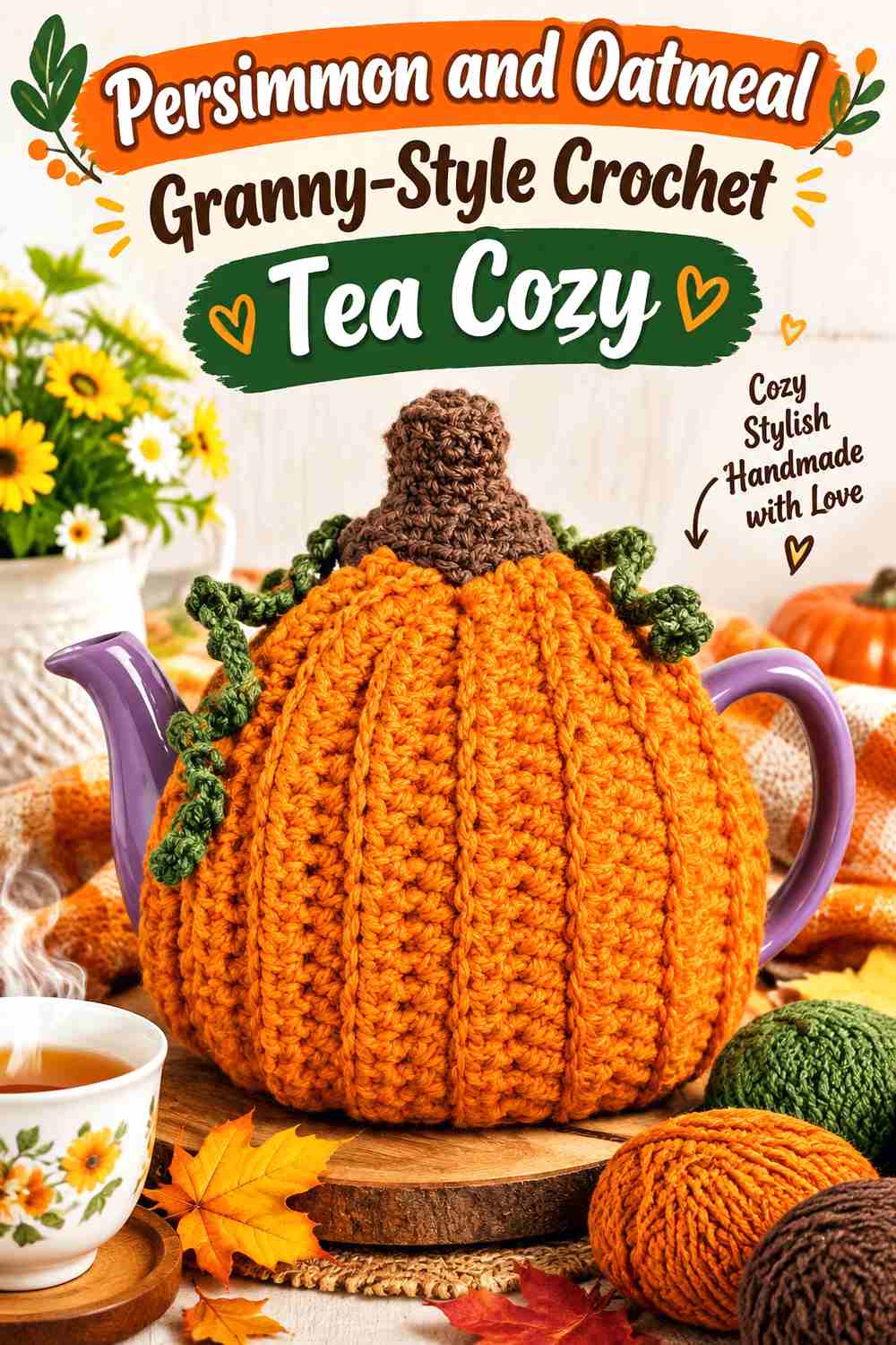 10. Persimmon And Oatmeal Granny Style Crochet Tea Cozy