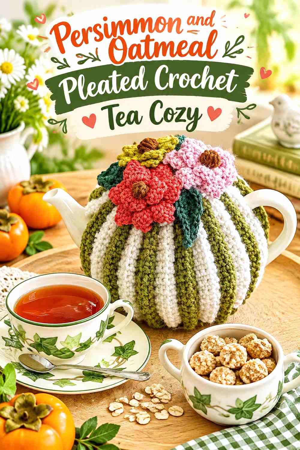 4. Persimmon And Oatmeal Pleated Crochet Tea Cozy