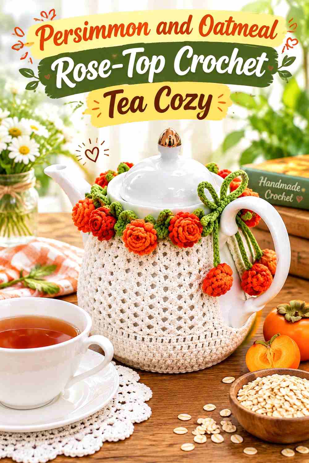 13. Persimmon And Oatmeal Rose Top Crochet Tea Cozy