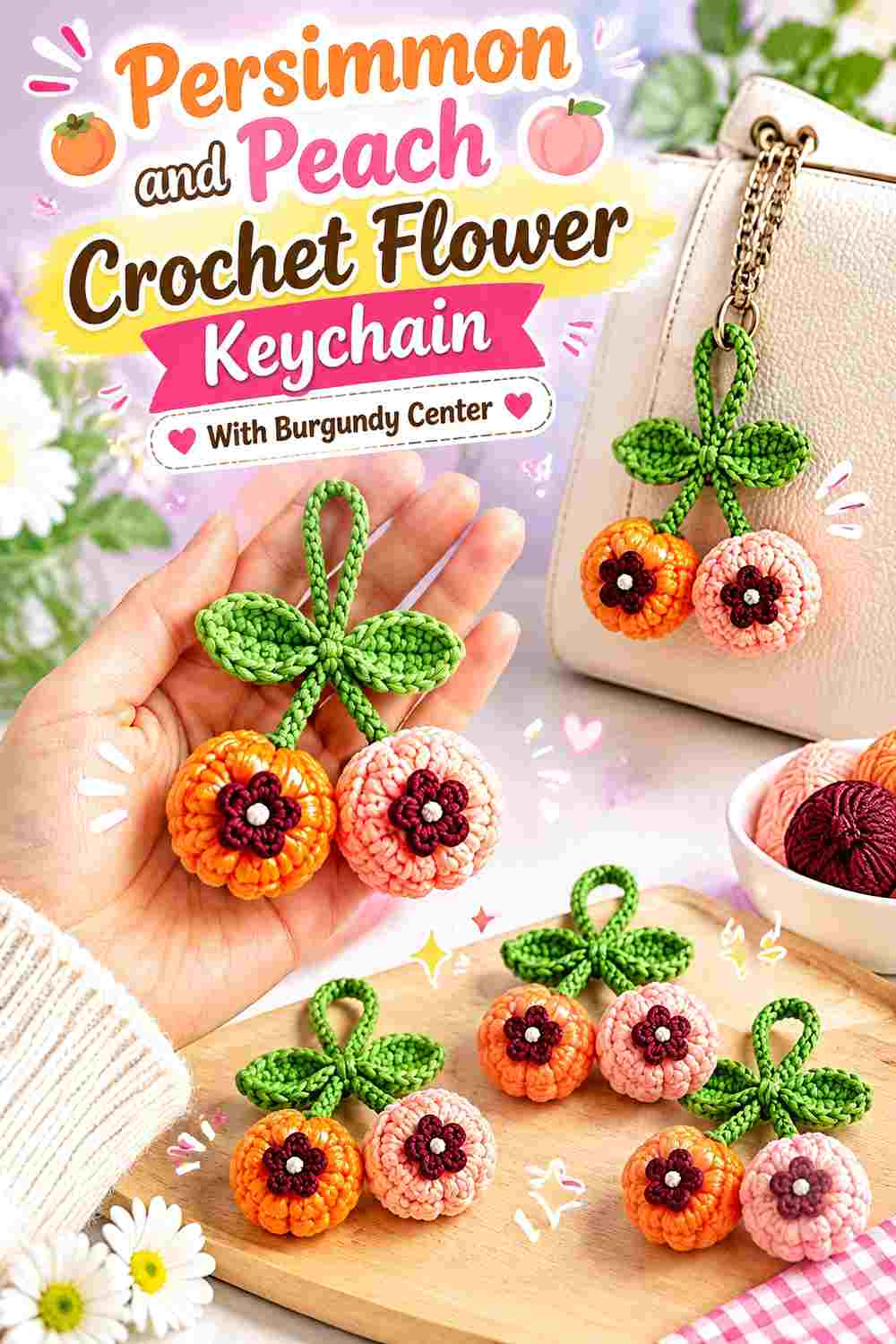13. Persimmon And Peach Crochet Flower Keychain With Burgundy Center