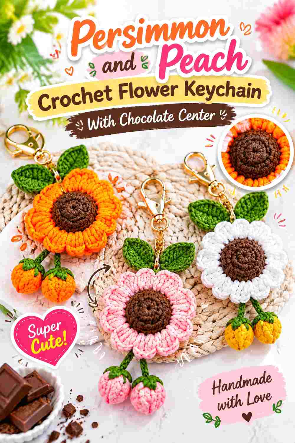 4. Persimmon And Peach Crochet Flower Keychain With Chocolate Center